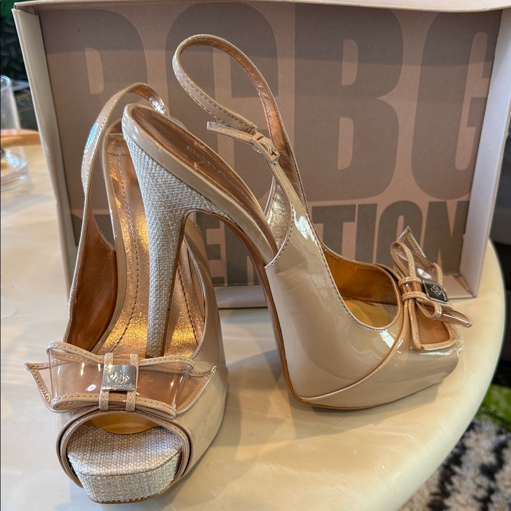 BCBGeneration Nude Patent Peep-Toe Heels